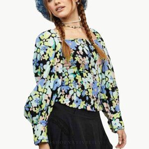 Free People Ariana Retro Floral Smocked Long Sleeve Blouse | Sz Medium | Black